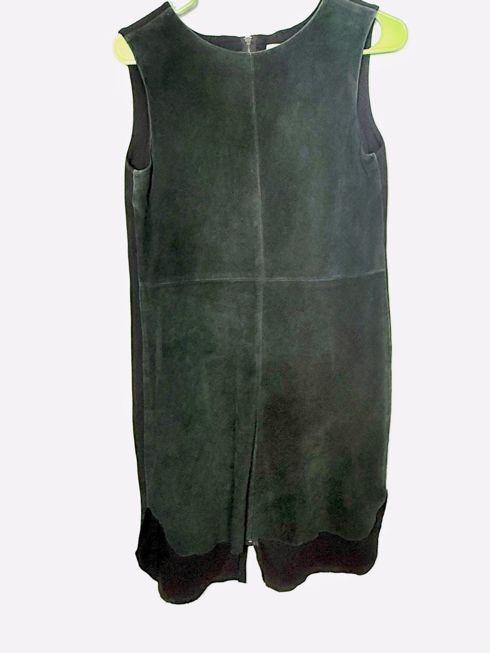 My Tribe Dark Green Suede Sleeveless Shift Dress with Scalloped Hem